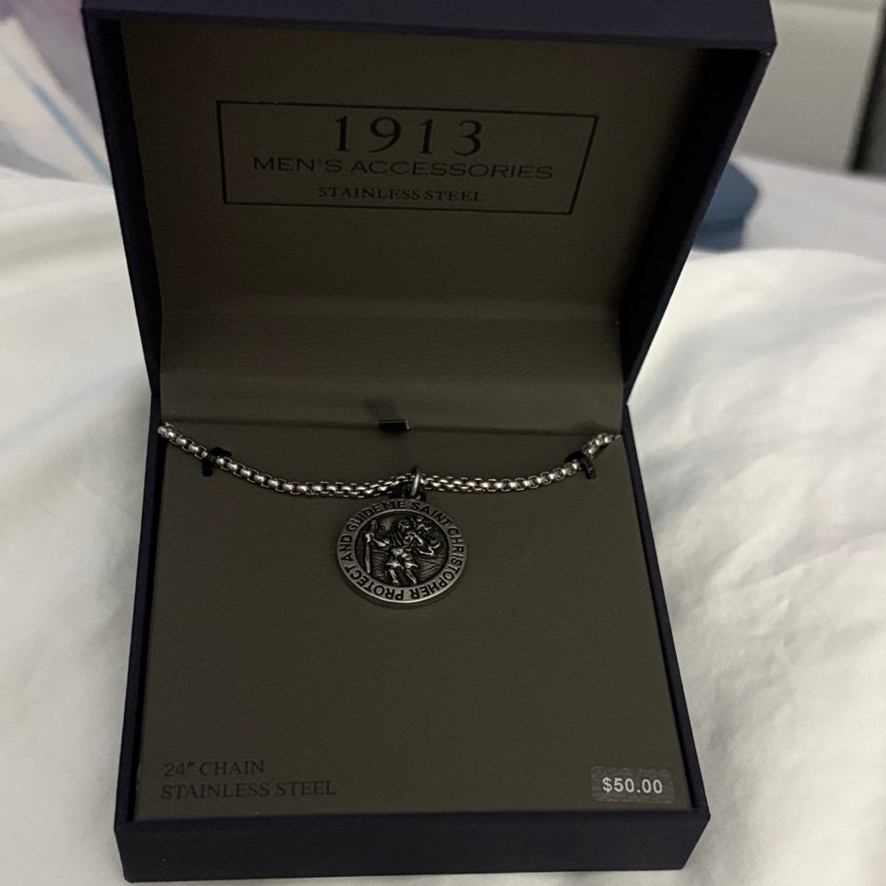 Men's 24” Stainless Steel Necklace with a round Saint Christopher pendant